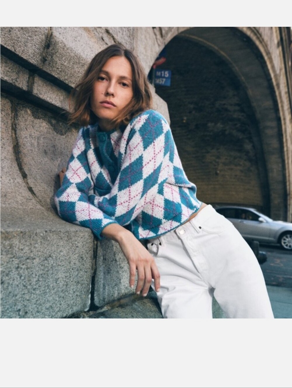 Zara Argyle Cropped Cardigan | Teal Pink | Size M #42
